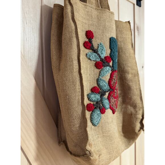 Antique Mid-Century Handmade Floral Hooked Wool Work on Burlap Tote Bag - Picture 5 of 15